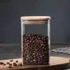 Tools European Transparent Glass Food Storage Jar with Wooden Lid Square Tea Canister Household Coffee Bean Candy Sealed Storage Jar