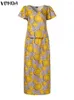 Arbetsklänningar Vonda Women Elegant Dress Set 2024 Short Sleeve V-Neck Tops och Maxi Long kjolar Casual Printed Vintage Matching 2sts