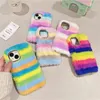 Plush Colorful Rainbow Fluffy Soft Rubber Warm Back Phone Case Cover For iPhone 11 12 13 14 15 Pro Max Protective Skin Shell