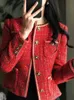 Zoki Noël rouge Tweed veste femmes boutons élégants coréen manteau court mode O cou à manches longues dame conception décontractée doux hauts 240226