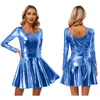 Skirts Womens Clubwear Shiny Metallic Long Sleeve Bodysuit Leotard With High Waist Flare Skirt For Music Festival Dancing Performance