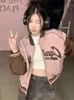 QWEEK Giacca bomber rosa moda coreana da donna oversize Y2K Vintage Preppy blu con zip Capispalla Kpop Patchwork Varsity Giacche 240223