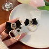 Boucles d'oreilles pendantes pour femmes, aiguille S925, coréen, Hepburn, ajouré, perle, cœur, gros strass, ruban noir, nœud papillon, goutte d'eau