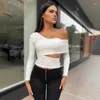 Women's T Shirts NEONBABIPINK Asymmetrical Cut Out White Cropped Tops Fashion Sexy One Shoulder Long Sleeve Shirt For Woman Clothing