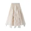 Kjolar kvinnors eleganta pärlor tyll tutu midi kjol 2024 mode fast färg elastisk band ruffle trim tiered flowy a-line