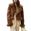 Jaqueta de couro feminina de pele de coelho forro de pele de carneiro pescoço elegante luxo calor casaco de inverno imitação de pele curto