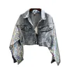 Kvinnorjackor Fashion Design Punk Style Spring Coat Sequin Sleeve Denim Long Coat Crop Abrigos Mujer 240301