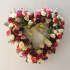 Decorative Flowers Valentines Day Heart Shaped Wreaths For Front Door With Pink Red Rose Green Leaf Wall Decorations 14 Inches