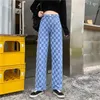 Jeans pour femmes Pantalon bleu pour femme Pantalon à carreaux Taille haute S Femme Jambe droite avec poches Pantalon Z Rétro Mode Casual Original