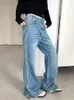 Jeans femininos slergiri streetwear desgastado hem baggy y2k americano retro lavado fazer velho calças jeans de cintura alta comprimento total