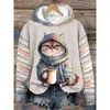 Cute Cat Printed Hoodies For Women Autumn Fashion Sweatshirt Loose O Neck Long Sleeve Top Pullover Animal Female Clothing 240223