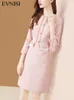 Evnisi Pink Sukienka dla kobiet Tweed Patchwork Knity Peter Pan Sukienki Okorzy Office Lady Plaid Vestidos Autumn and Winter 240226