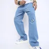 Mężczyźni Motyl hafty stylowe luźne proste dżinsy Pantie męskie bawełniane swobodne spodnie dżinsowe 240228