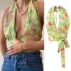 Kvinnors tankar Kvinnor Summer ärmlös Halter Crop Top Sexig Plunge Deep V-Neck Backless Camisole Boho Floral Print Tie Midjet Beach Vest F0T5