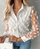 Women's Blouses Elegant Floral Pattern Long Sleeve Mesh Patch Top Temperament Commuting Female Fashion Turn-Down Collar Casual