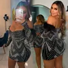 Sıradan elbiseler moda elmas rhinestones kapalı omuz doğum günü bodycon midi elbise seksi parti bile vestidos