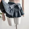 Rokken Grunge Y2k Boog Denim Rok met Shorts Zomer Streetwear Kawaii Vrouwen Vintage Gyaru Ruche Lage Taille Sexy Geplooide Mini