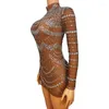 Bühne Tragen Bar Nachtclub DJ Sänger Sexy Strass Transparent Mesh Bodycon Kurzes Kleid Konzert Leistung Tanz Kostüm