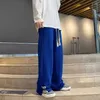 Calças masculinas homens high street sweatpants moda solta casual lateral fenda reta perna vintage azul jacquard bottoms roupas masculinas