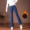 Kvinnors jeans plus sammet smala kvinnor vinter hög midja klockbottar förtjockar varma denim byxor vintage mode flare pantalones