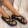 Sandalen GOGD Echtes Leder Mode Damen Sommer Sandalen 2023 Neue Casual Flats Strap Peep Toe Strand Bequeme Römische WanderschuheH2431