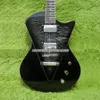Custom Music Man Armada E-Gitarre mit schwarzer gesteppter Ahorndecke, Singlecut-Korpus, Mahagoni-Korpus, schwarze Rückseite, Bauchschnitt-Korpus, gebogene Dreieck-Inlays