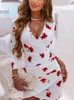 Robes décontractées Sexy col en V imprimé floral robe à manches longues élégante enveloppe plissée irrégulière mini fête pour les femmes mode bureau mince