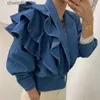 Kvinnors jackor jackor ardm koreansk chic ruffle tiered design midja stängde kort denim kvinnor lapel office jean coat ytterkläder 240301