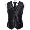 HiTie Black Men Silk Vest Paisley Jacquard Necktie Hankerchief Cufflinks Sets Male Sleeveless VNeck Waistcoat Business Formal 240228