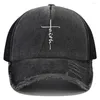 Ball Caps Faith Printed Mesh Trucker Hat Fashion Washed Distressed Baseball Cap Vintage 5 Panel Snapback Hats Breathable Curved Brim