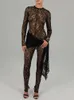 Sibybo Long Sleeve Lace Jumpsuit Sexy Lace See-through Rompers Basic Skinny High Elasticity Leggings Womens Streetwear 240229