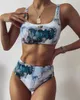 Zwemkleding 2024 Nieuwe Print Sport Bandeau Push up Bikini's Sexy Marmeren Vrouwen Badpak Hoge Taille Badmode Vrouwen badpak Strandkleding 240229