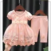 Śliczne dziewczyny bawełniane zestawy odzieży księżniczki niemowlę maluch koronkowy kwiatowy top i spodni urodzinowa przyjęcie tutu garnitury dla dzieci stroje 240226
