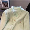 Kvinnors stickor Green V Neck Liten doftande stickad Cardigan tröja Gentle Wind Sweet Soft Tassel Kort kappa för Autumn Winter 2024