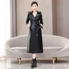 Women's Leather Faux Leather RR Slim Long Faux Leather Jackets Women Fashion Solid Buttons Coats Women Elegant Tie Belt Waist Pockets Jackets Female Ladies 231117