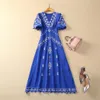 2024 Spring Summer Embroidery Floral Print Women's Dress V-Neck Zipper Short-Sleeve Woman's Casual Long Dresses AS052