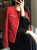 Zoki Noël rouge Tweed veste femmes boutons élégants coréen manteau court mode O cou à manches longues dame conception décontractée doux hauts 240226