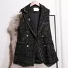 Vintage Tweed Yelek Kadınlar için Siyah Vneck Çift Kruvaz Kerefsiz Ceketler Sonbahar Kış Kore Ofisi Lady Weistcoat L60 240226