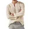 Cotton Linen Men Shirt Brief Breathable Comfy Solid Color Long Sleeve V neck Casual Blouse Hawaiian Oversize Tops 240227