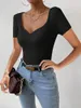 Women's T Shirts Women V-neck Knitted Short Sleeve Draw String T-shirts Crop Tops Girls Knitting Stretchy Cropped Sheath Tee For Female