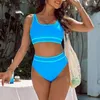 Maillots de bain pour femmes 2pcs / set femmes été bikini ensemble col en U sans manches soutien-gorge taille haute slip ventre contrôle costume de battage