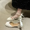 Sapatos de vestido frisado salto alto mulheres marie janes 2024 arco sandálias rasas moda lolita andando bombas verão zapatos