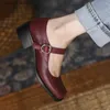 Dress Shoes Mary Jane Thick Med Heels Womens Vintage Shoes Buckle Pumps One Strap Simple Shoes On Heel French Style Cowhide Buckle PumpsH2431