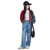 2024 Frühling große Mädchen Streifenjacke alte Kinder Patchwork Farbe Langarm lässig Outwar Teenager doppelte Taille Jeans mit weitem Bein Z6906