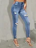 Blauwe skinny jeans met gescheurde gaten, slim fit, hoge stretch, noodlijdende strakke damesdenimkleding 240227