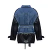 Kvinnorjackor Fashion Clothing Patchwork Hit Color Denim Coats Lapel Collar Long Sleeve High midjejackor för 240301