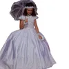 2024 Weiße Blumenmädchen Kleider für Hochzeit hohe Nacken kurze Ärmeln schöne Spitzen Applikationen Kristallperlen Kinder KINDER KOMNION KINDS Ballkleid Floor Boden