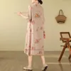 Ethnic Clothing 2024 Chinese Vintage Cheongsam Dress National Flower Print Cotton Linen Improved Qipao A-line