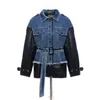 Kvinnorjackor Fashion Clothing Patchwork Hit Color Denim Coats Lapel Collar Long Sleeve High midjejackor för 240301