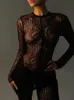 Sibybo Long Sleeve Lace Jumpsuit Sexy Lace See-through Rompers Basic Skinny High Elasticity Leggings Womens Streetwear 240229